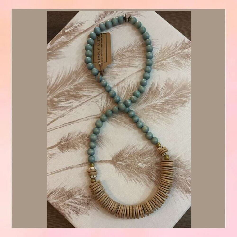 Simply Suede Boho Wood Bead Necklace Blue 32"
